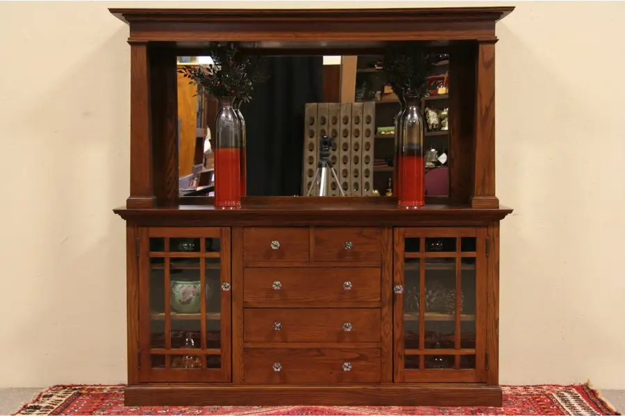 Photo of Arts & Crafts 1900 Antique Oak Sideboard, Columns and Mirror