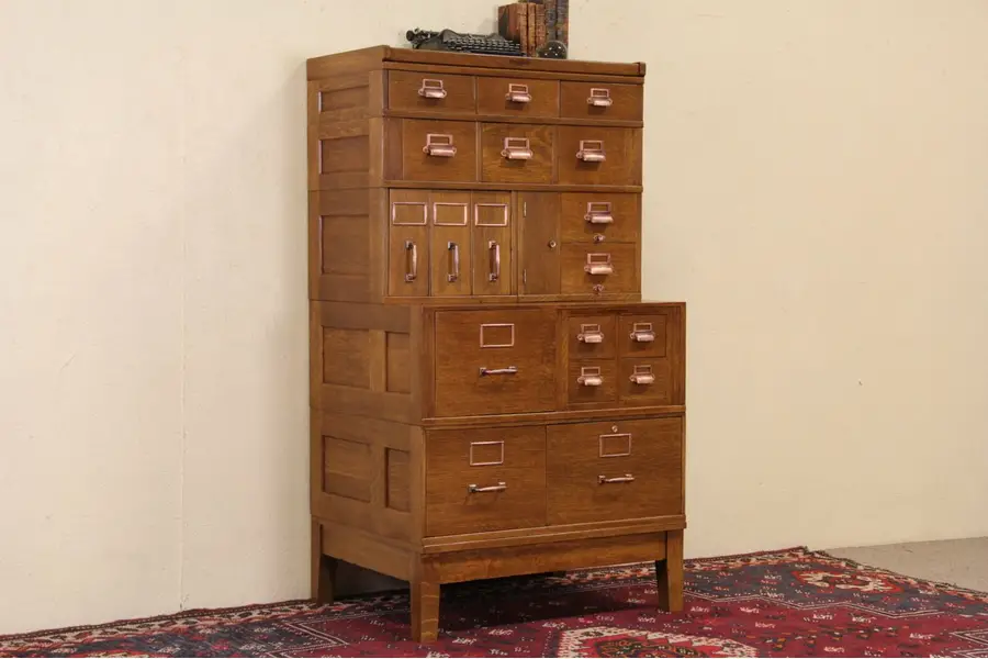 Photo of Oak Stacking 1910 Antique 18 Drawer File Cabinet, Signed Yawman NY