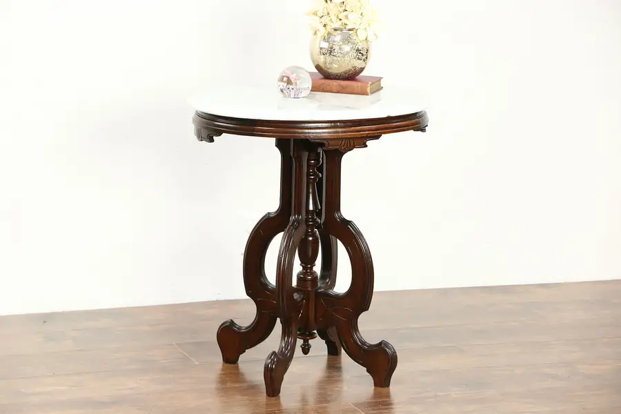 Photo of Victorian 1885 Antique Oval Marble Top Walnut Lamp or Parlor Table