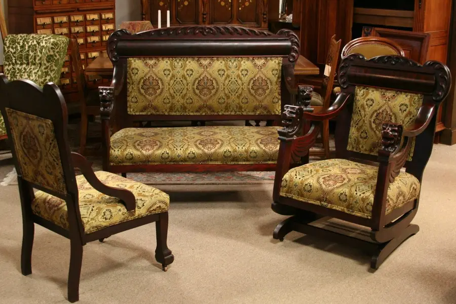 Photo of Lion Carved Antique Settee, Rocker & Chair Set