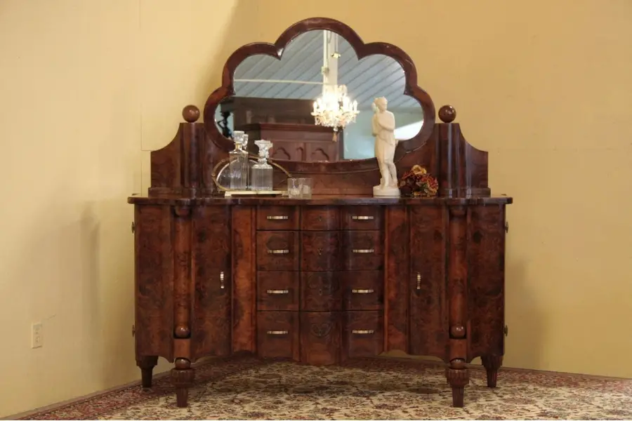 Photo of Italian Art Deco Sideboard or Backbar, Burl & Mirror