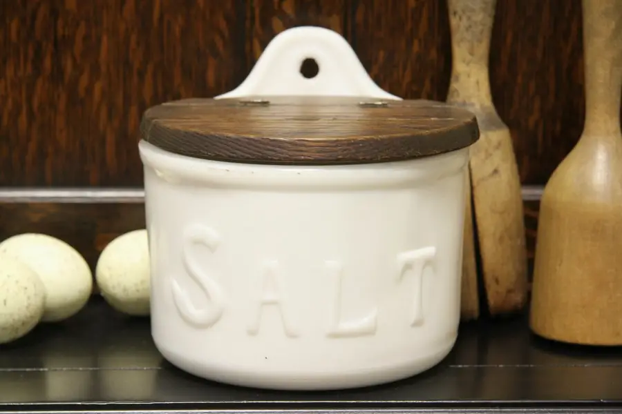 Photo of Milk Glass 1890 Antique Salt Cellar, Oak Lid