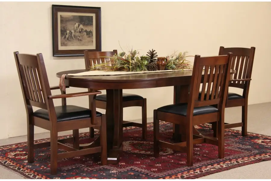 Photo of Stickley Vintage Arts & Crafts Dining or Game Table Set, 4 Chairs