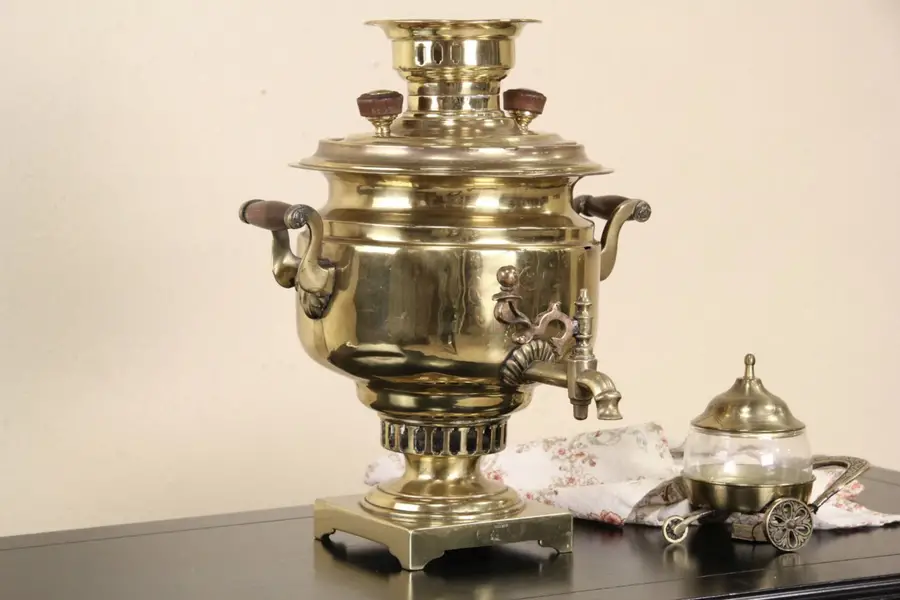 Photo of Russian Brass 1900 Antique Samovar, Hot Water Tea Kettle, Imperial Stamps