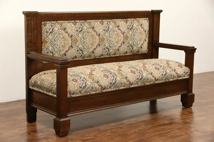 Photo of Oak 1900 Antique Hall Bench or Settee, New Upholstery
