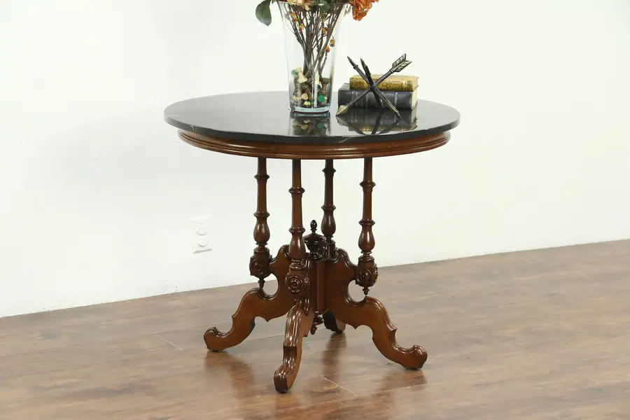 Photo of Victorian 1870 Antique Carved Walnut Lamp or Parlor Table, Cultured Marble Top