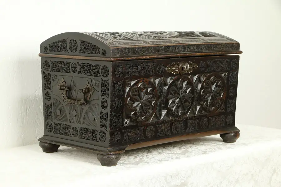 Photo of Hand Carved French Antique Small Treasure Chest or Trunk with Lock