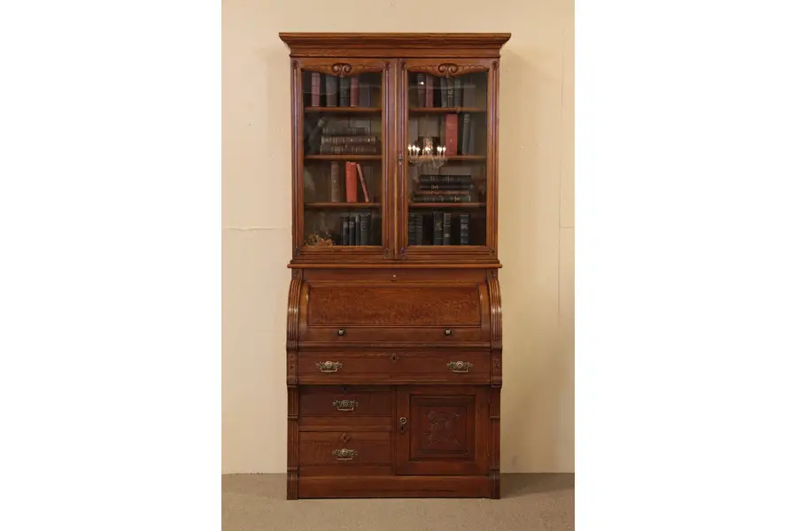 Photo of Eastlake Oak Cylinder Roll Secretary Desk, Bookcase