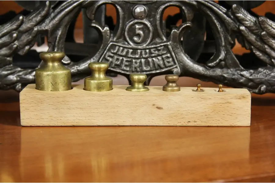 Photo of Set of 6 Brass Scale Weights and Holder