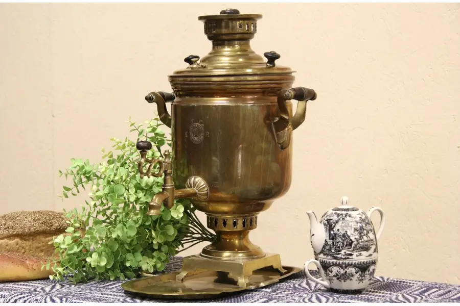 Photo of Russian Brass Samovar Tea Kettle & Tray