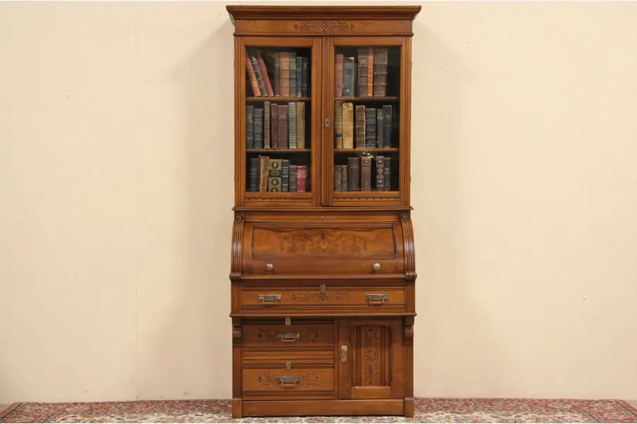 Photo of Eastlake 1880 Walnut Cylinder or Barrel Roll Top Secretary Desk & Bookcase