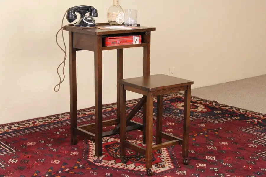 Photo of Arts & Crafts Mission Oak Antique 1900's Telephone Stand & Bench