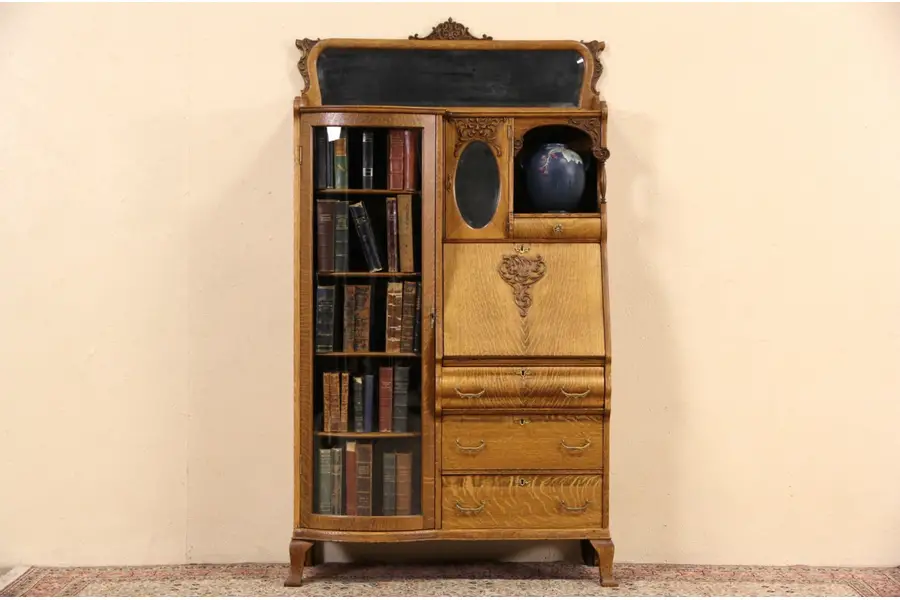 Photo of Oak 1900 Antique Secretary Desk Side by Side Curved Glass Bookcase