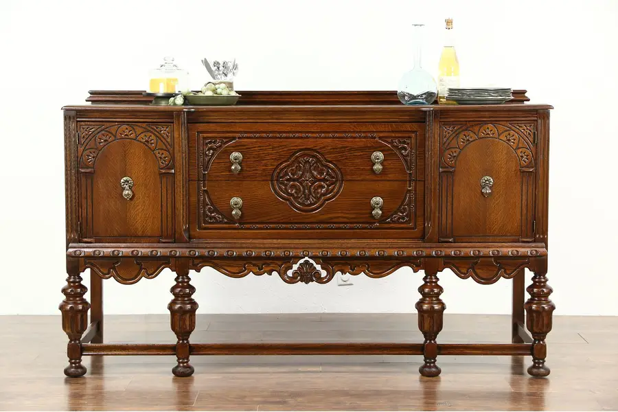 Photo of Tudor Design 1925 Antique Carved Oak Sideboard, Server or Buffet
