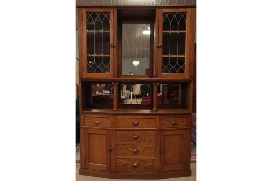 Photo of Oak Antique Sideboard Cupboard, Leaded Glass, 1900