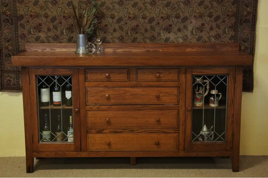 Photo of Arts & Crafts Mission Oak Sideboard, Leaded Glass