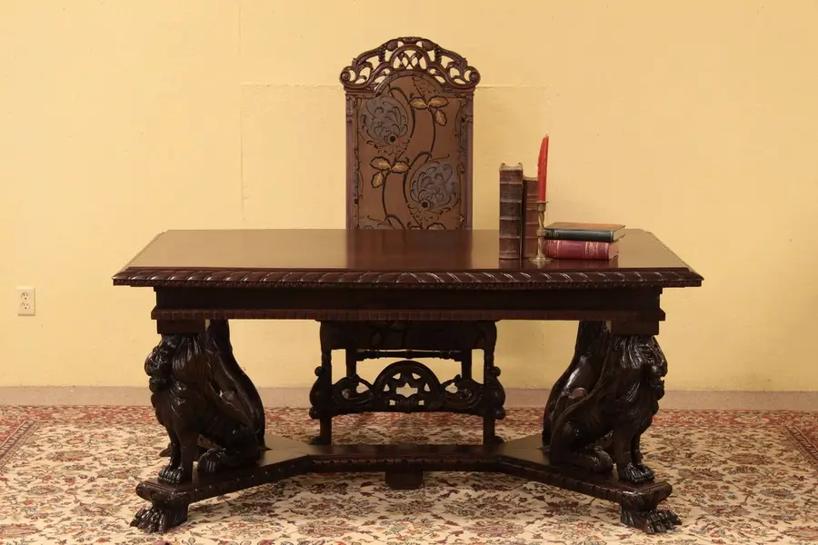 Photo of Library Table Writing Desk Carved Lions