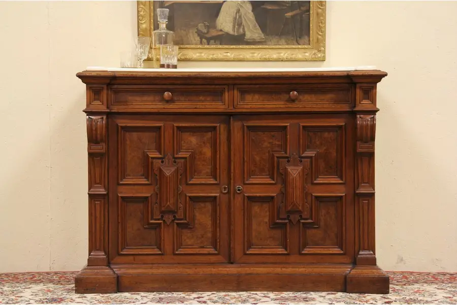 Photo of Victorian Marble Top Carved Sideboard Buffet