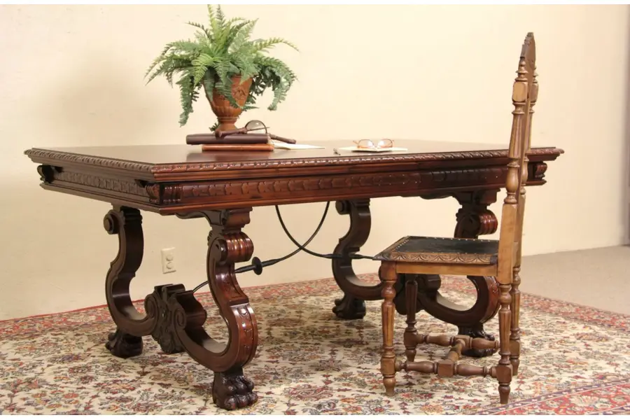 Photo of Spanish Colonial Carved Vintage Library or Dining Table, Pull Out Leaves