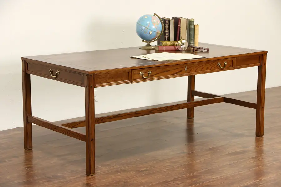 Photo of Oak Vintage Writing Desk or Library Table, Signed Alex Stuart of Cal.