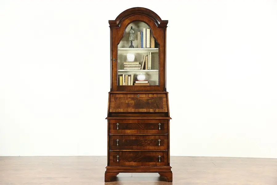 Photo of Italian Vintage Walnut & Burl Secretary Desk, Bookcase Top