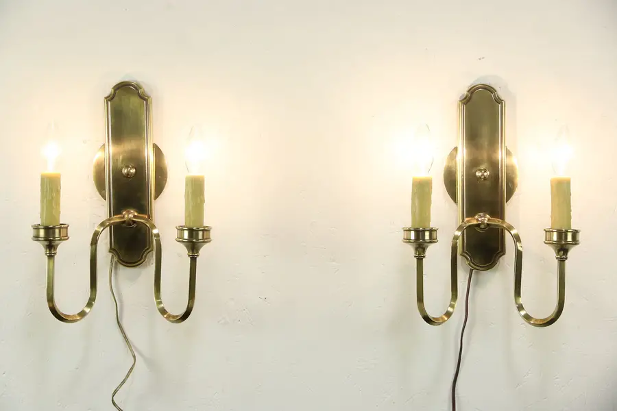 Photo of Pair of 2 Candle Beeswax Bronze Finish Wall Sconce Lights, Hurricane Shades