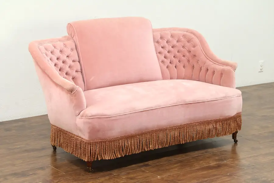 Photo of Victorian Antique 1880's Loveseat, Old Tufted Velvet & Fringe