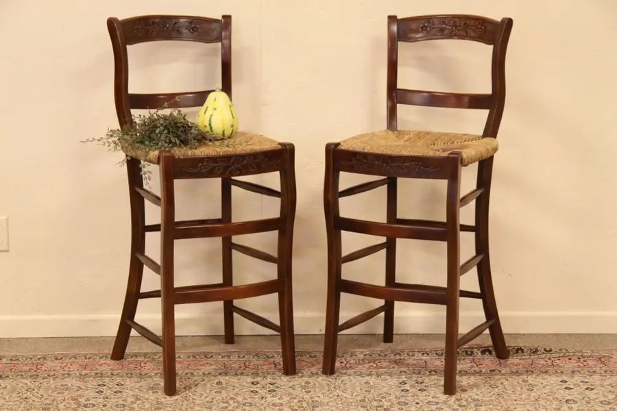 Photo of Pair of Carved Rush Seat Bar Stools
