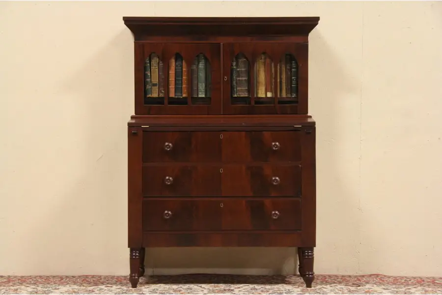 Photo of Secretary Desk & Bookcase, 1840 Antique, Gothic Wavy Glass Windows