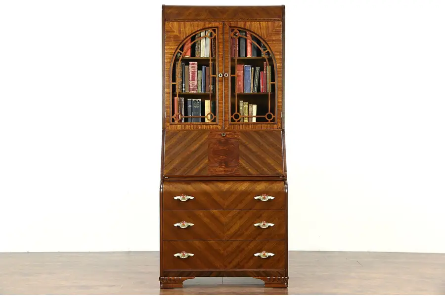Photo of Art Deco Waterfall Design 1935 Vintage Secretary Desk & Bookcase, Glass Doors