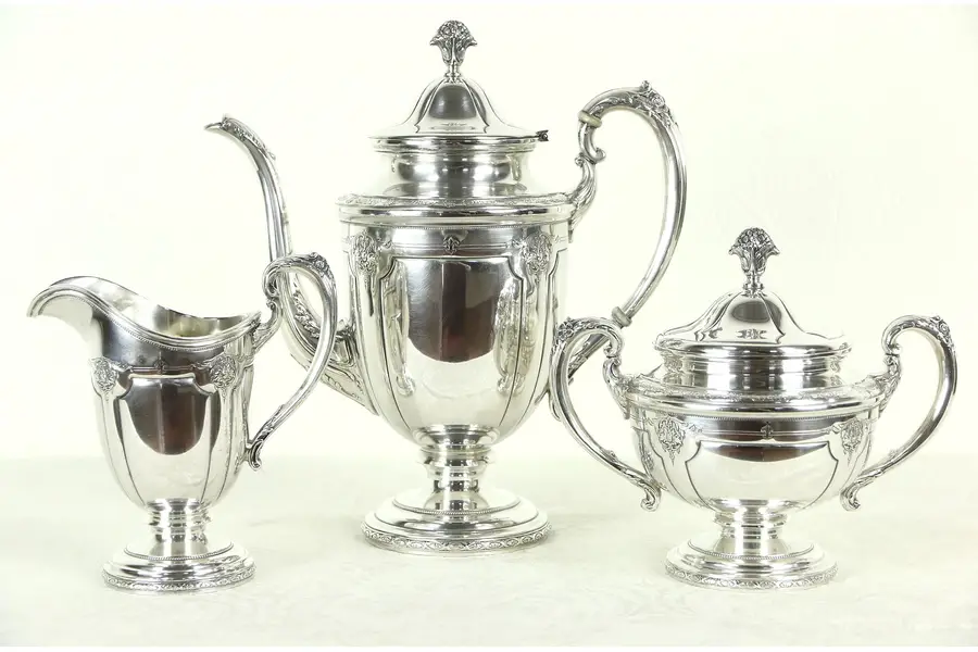 Photo of Towle Signed Sterling Silver 1920 Antique 3 Pc. Coffee Set Louis XIV Pattern