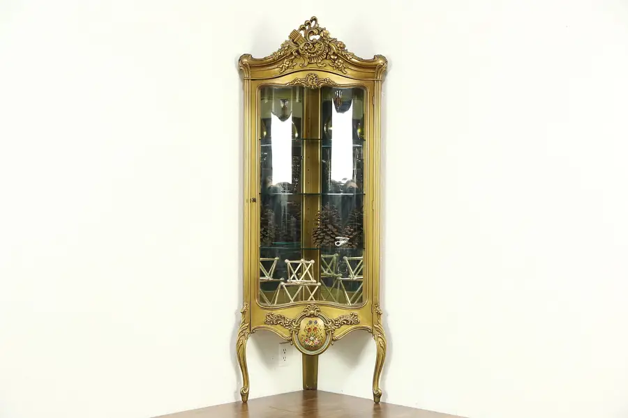 Photo of Corner Vintage Curved Glass Curio or China Display Cabinet, Bronze Finish