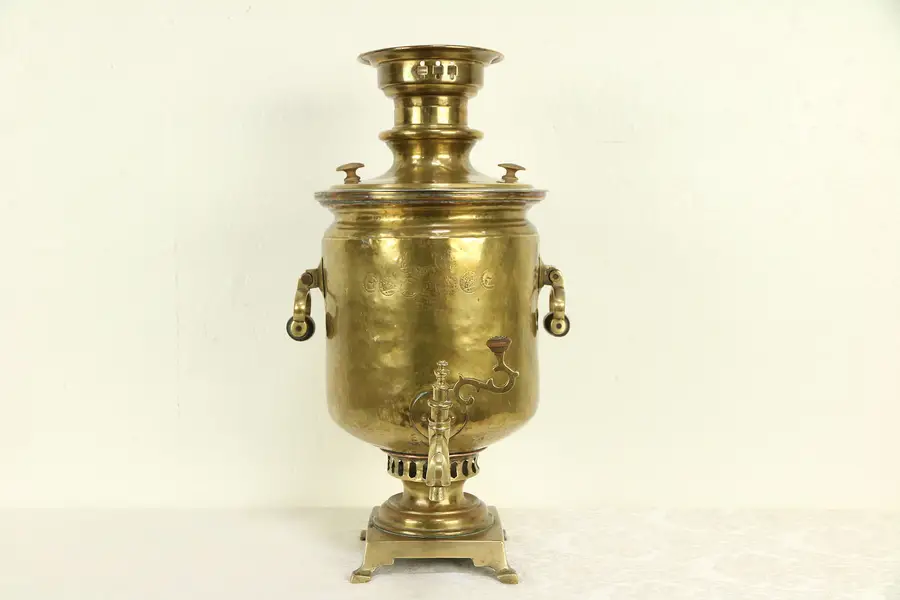 Photo of Russian Samovar Antique Brass Tea Kettle with Signed Cyrillic Stamps