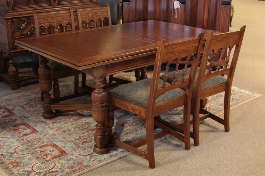 Photo of English Tudor Oak Dining Set, Table, 4 Chairs