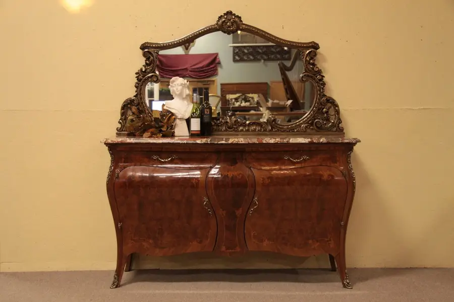 Photo of Bombe Marquetry Sideboard, Mirror and Marble