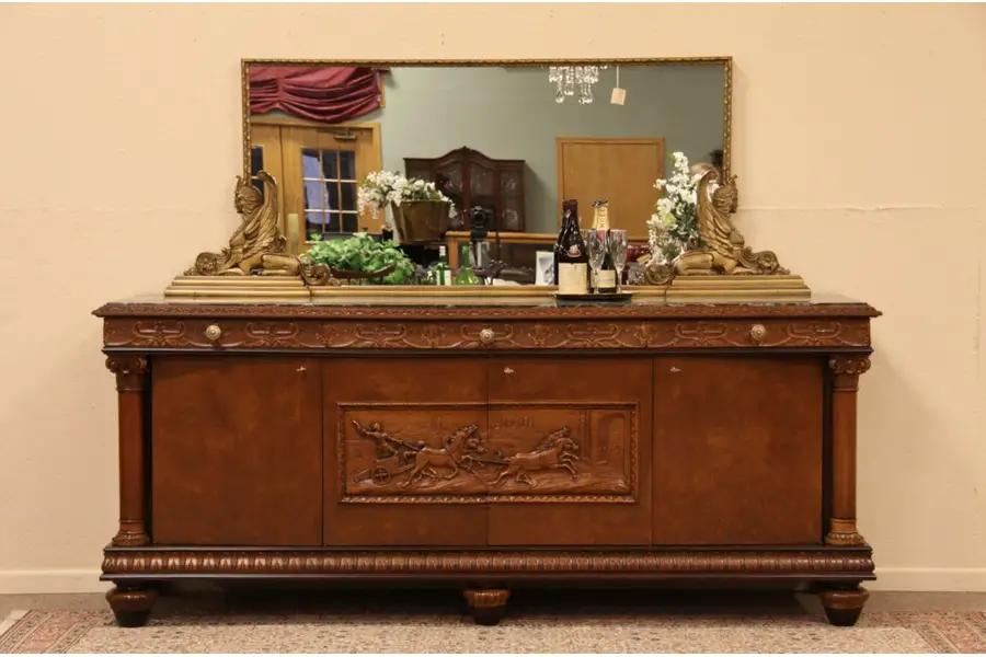Photo of Carved Marble Top Credenza Sideboard & Mirror