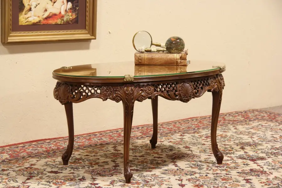 Photo of Oval Carved Marquetry 1930's Vintage Coffee or Cocktail Table