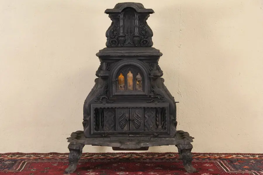 Photo of Iron Parlor Stove, Sanders & Wolfe, Troy, NY Pat. 1854, Mica Windows