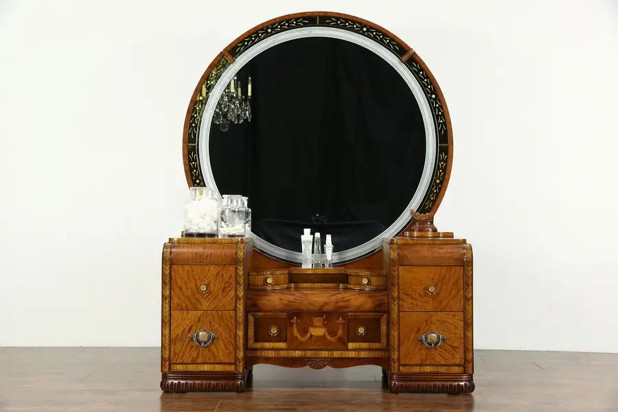Photo of Waterfall Art Deco 1935 Vintage Vanity Dressing Table, Gold Mirror