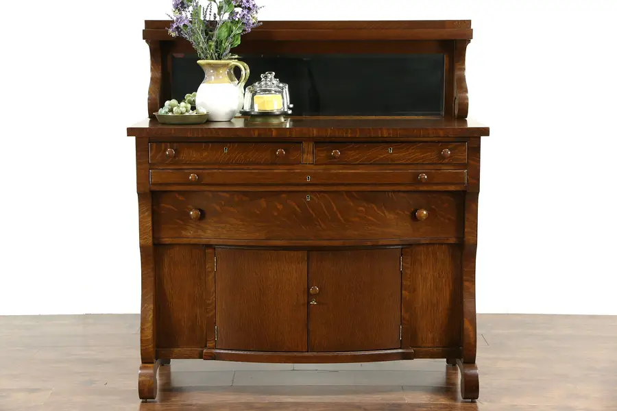 Photo of Oak 1910 Antique Empire Sideboard, Server or Buffet, Beveled Mirror