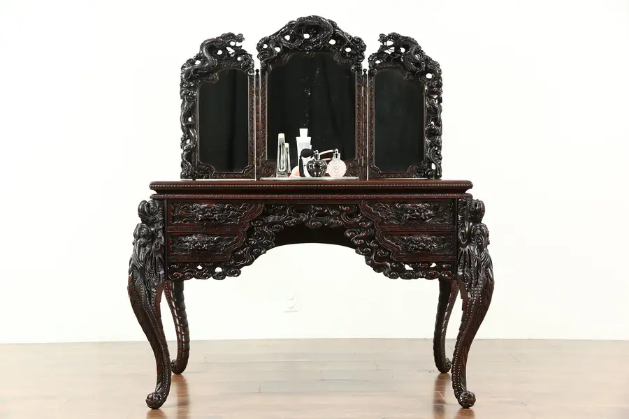 Photo of Japanese Antique Vanity, Desk or Dressing Table, Carved Dragons