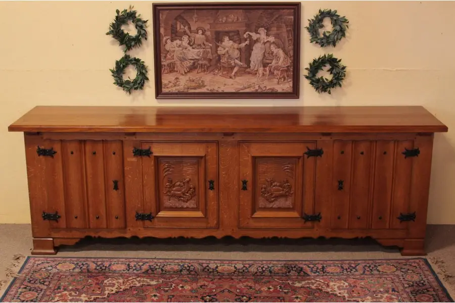 Photo of Swedish 9 1/2' Oak Carved Hunting Lodge Sideboard