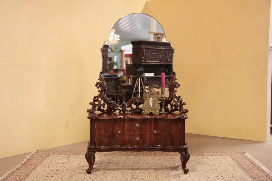 Photo of Carved Walnut Hall Console or Vanity & Mirror