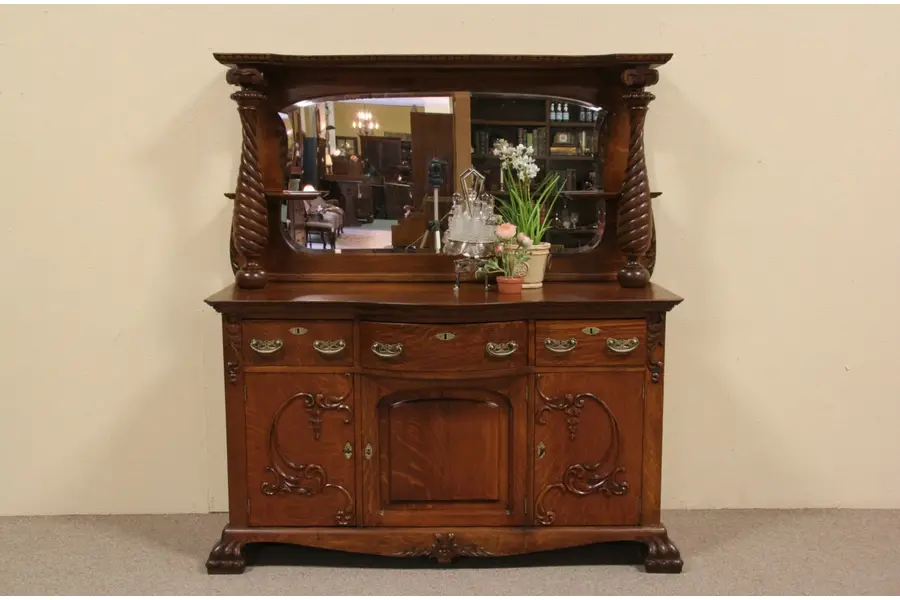 Photo of Victorian Oak 1895 Antique Sideboard Buffet, Beveled Mirror
