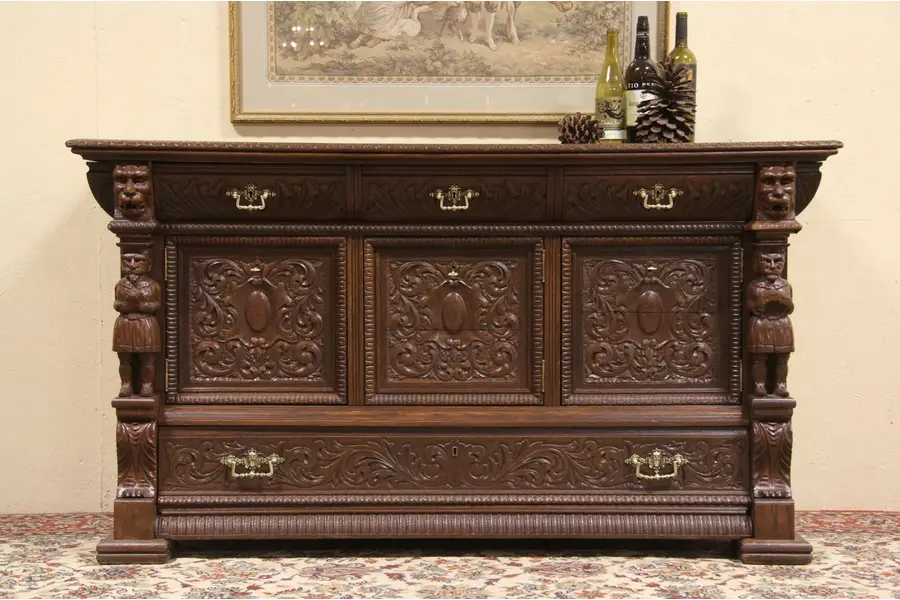 Photo of Renaissance Carved 1895 Oak Sideboard, Figures & Lion Heads
