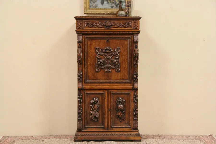 Photo of Carved Oak 1895 Secretary Desk, Lion, Figures, Secret Compartment