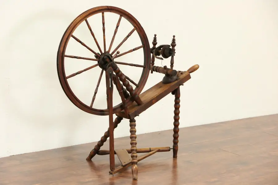 Photo of Spinning Wheel, Hand Made Mid 1800's Antique Spool Turned Legs