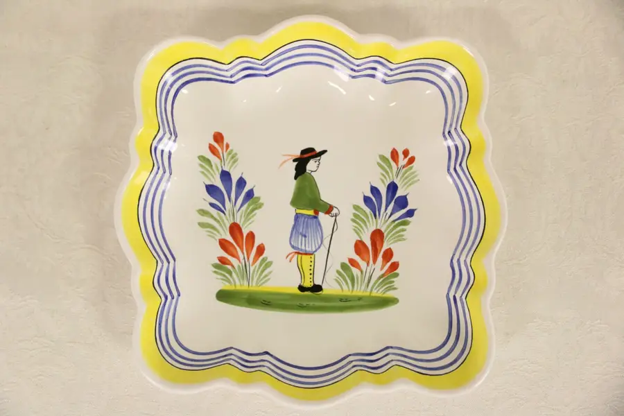 Photo of Henriot Quimper Signed Square Platter or Serving Bowl, Hand Painted France