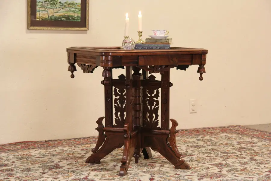 Photo of Victorian Eastlake Marble Top 1880 Antique Parlor or Lamp Table