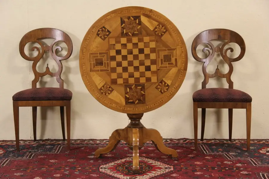 Photo of Chess Game Table, 1890's Antique Black Forest Marquetry
